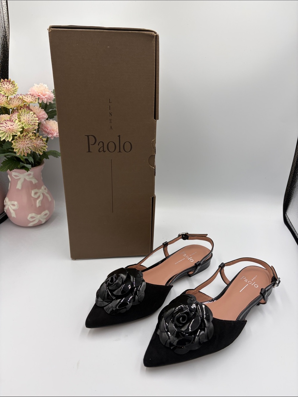 Paolo Black Pointed-Toe Slingback Flats with Floral Appliqué